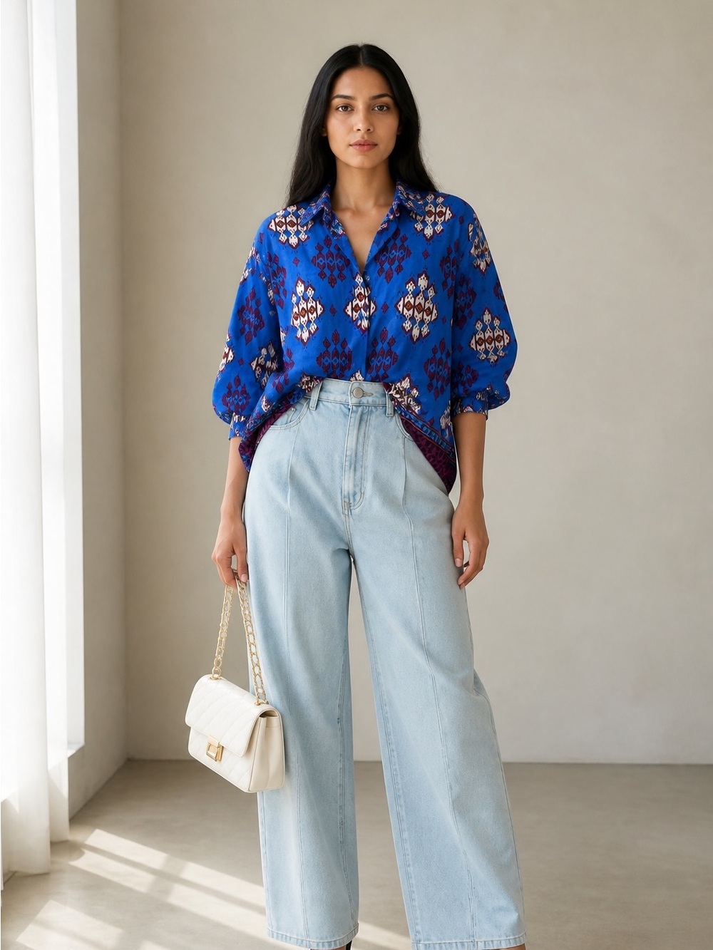 Maeve Anthropologie Boho Ikat Print Button-Up Blouse Cropped Sleeve Rayon Top